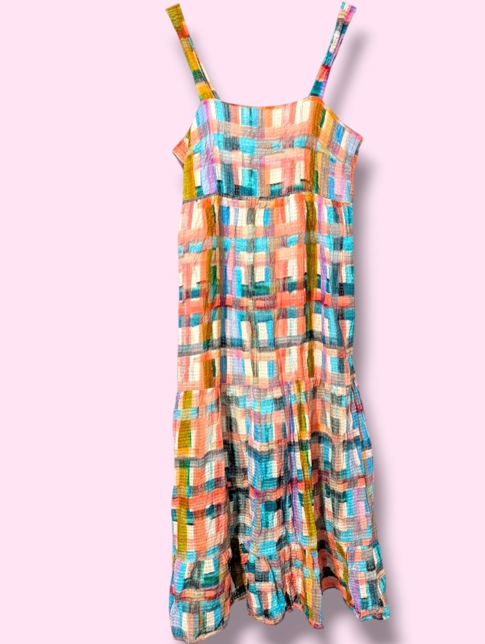 Marie Oliver Multicolor Colorful Plaid Linen Silk Sleeveless Petra Maxi Dress SM